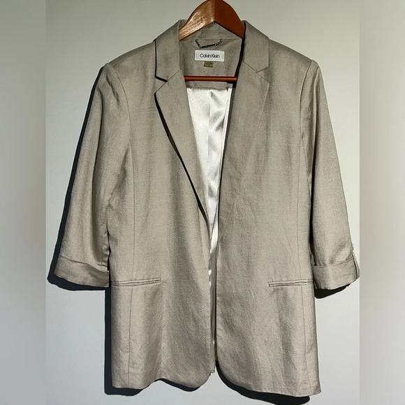 Calvin Klein Jackets & Blazers - CALVIN KLEIN Beige Women Linen Blazer 3/4 Cuffed Sleeves Size 14